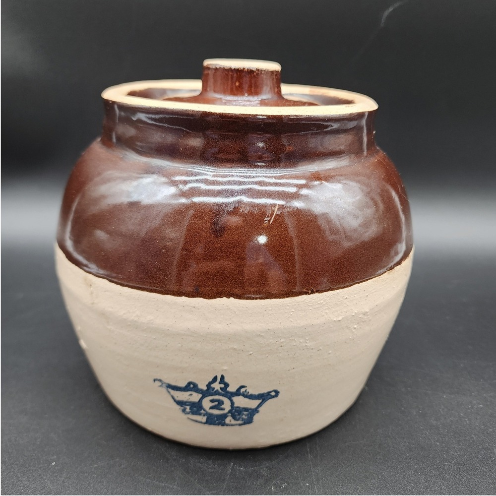 USA Vtg Blue Crown 2 Brown Tan Stoneware Bean Pot Crock Lid Farmhouse Rustic